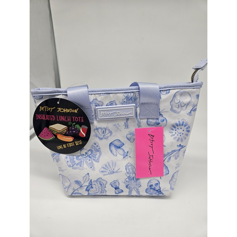 Betsey Johnson Insulated Lunch Tote Bag White/Blue Floral Skulls Handle 9.5x8